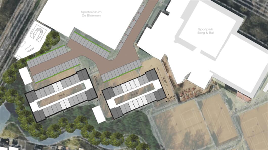 Plattegrond van de mogelijke flexwoningen op de ongebruikte tennisvelden bij sportpark Berg en Bal