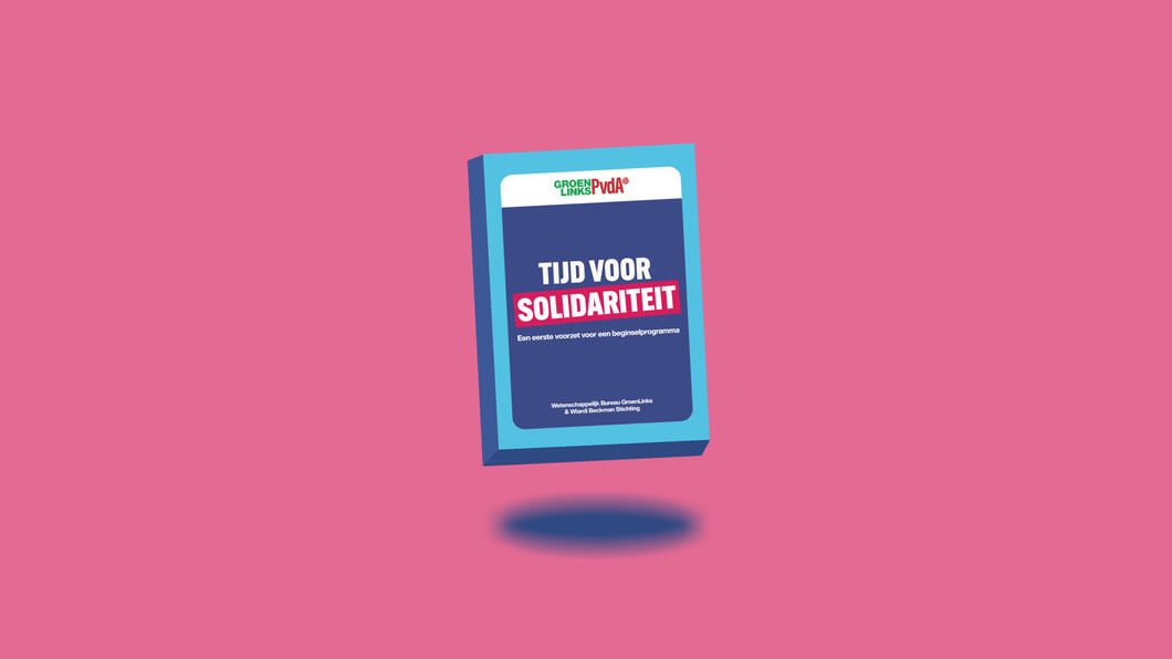 Een grafische afbeelding van een boek met de titel 'Tijd voor solidariteit' tegen een roze achtergrond