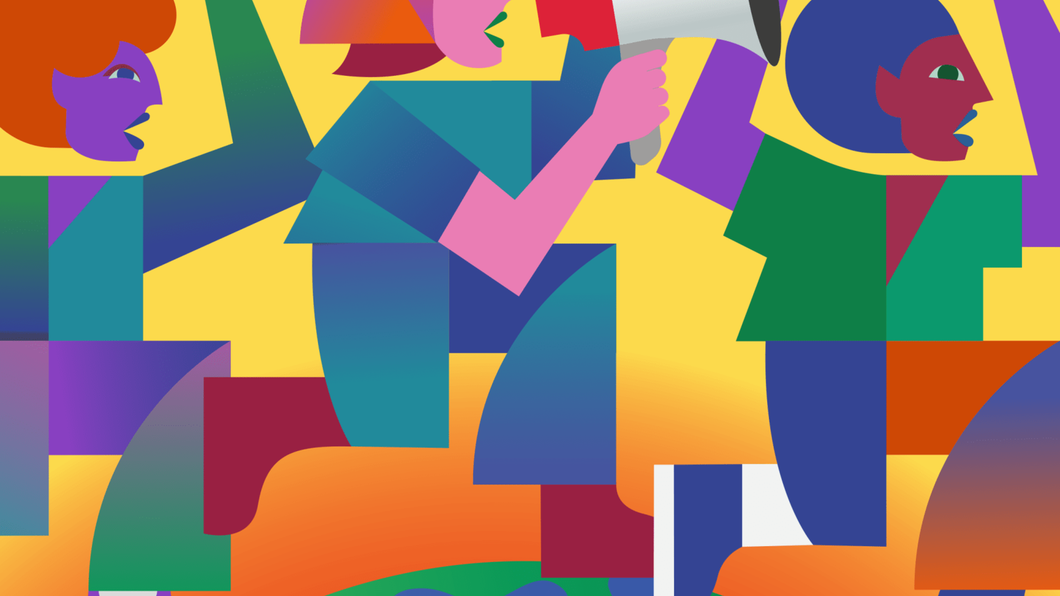 Een veelkleurige illustratie van demonstrerende figuren, lopend en met megafoons.