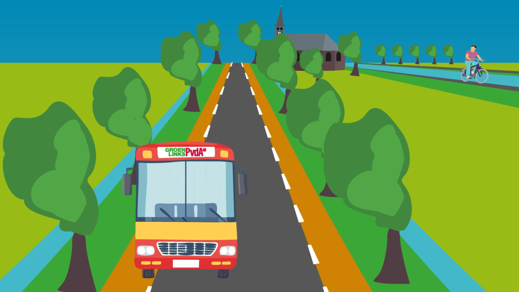 Een plaatje van een bus, met op de voorkant GroenLinks-Pvda, rijdend door een groen landschap.