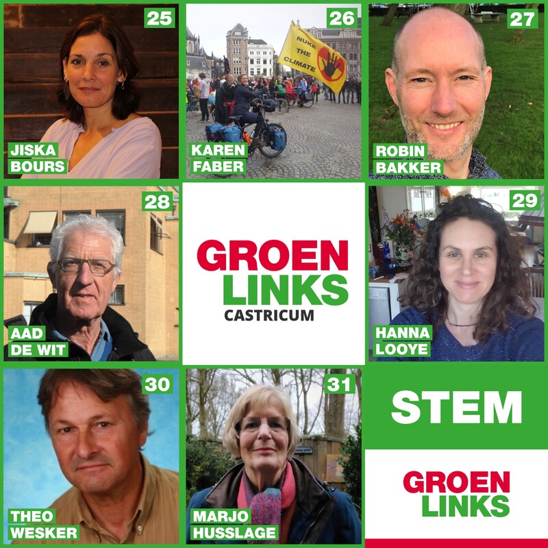 Collage van GroenLinks Castricum kandidaten 25 - 31 voor de gemeenteraadsverkiezingen 2022