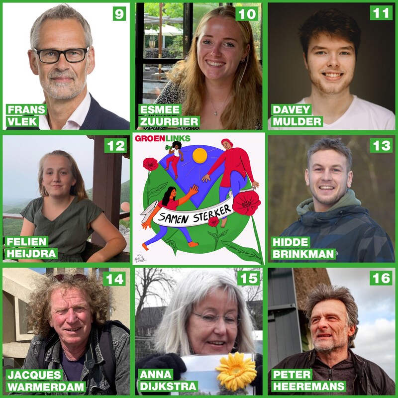 Collage van GroenLinks Castricum kandidaten 9 - 16 voor de gemeenteraadsverkiezingen 2022