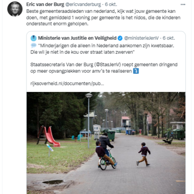 twitterbericht van staatssecretaris Eric van den Burg, over zijn oproep aan gemeenten om te helpen bij de opvang van alleenstaande minderjarige asielzoekers.