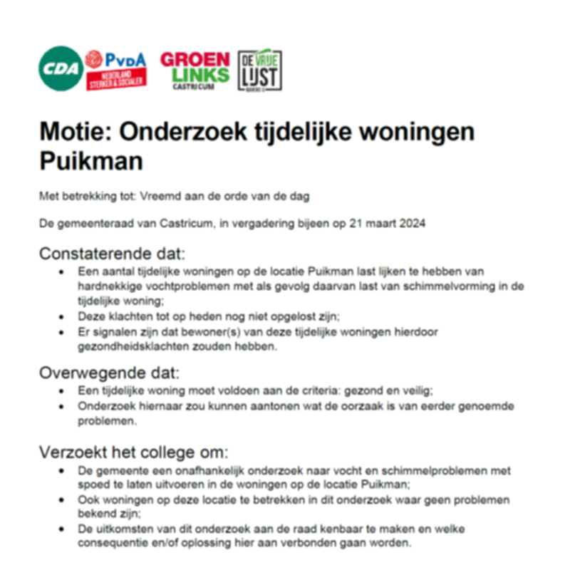 Afbeelding van de motie die CDA, PvdA, GroenLinks en de Vrije Lijst samen indienden: ze vragen het college om met spoed een onafhankelijk onderzoek te laten uitvoeren naar het vocht en de schimmelproblemen in de containerwoningen op de Puikman.