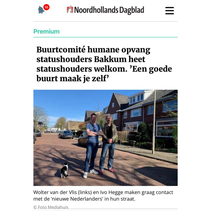 Schermafbeelding van het artikel in NHD over het welkomstcomité voor statushouders dat buurtbewoners van de Stetweg hebben opgericht.