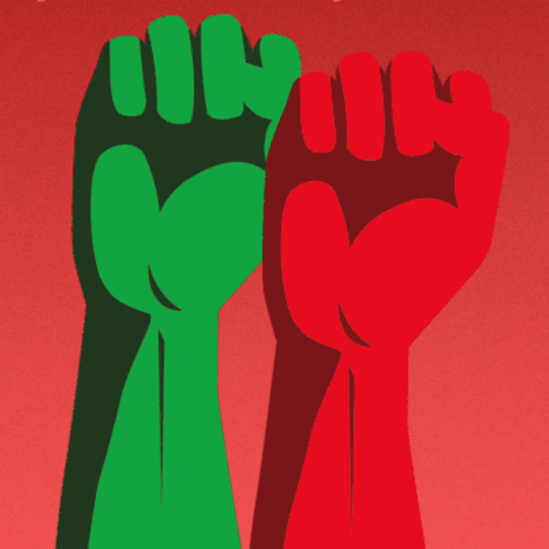Groene en rode vuist tegen een rode achtergrond