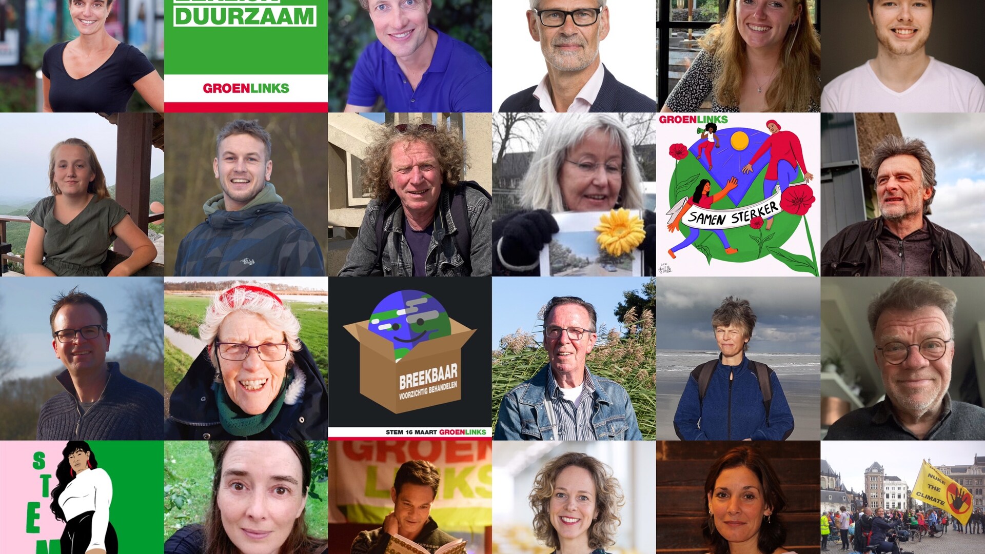 een collage van alle mensen op de GroenLinks kandidatenlijst voor de gemeenteraadsverkiezingen 2022