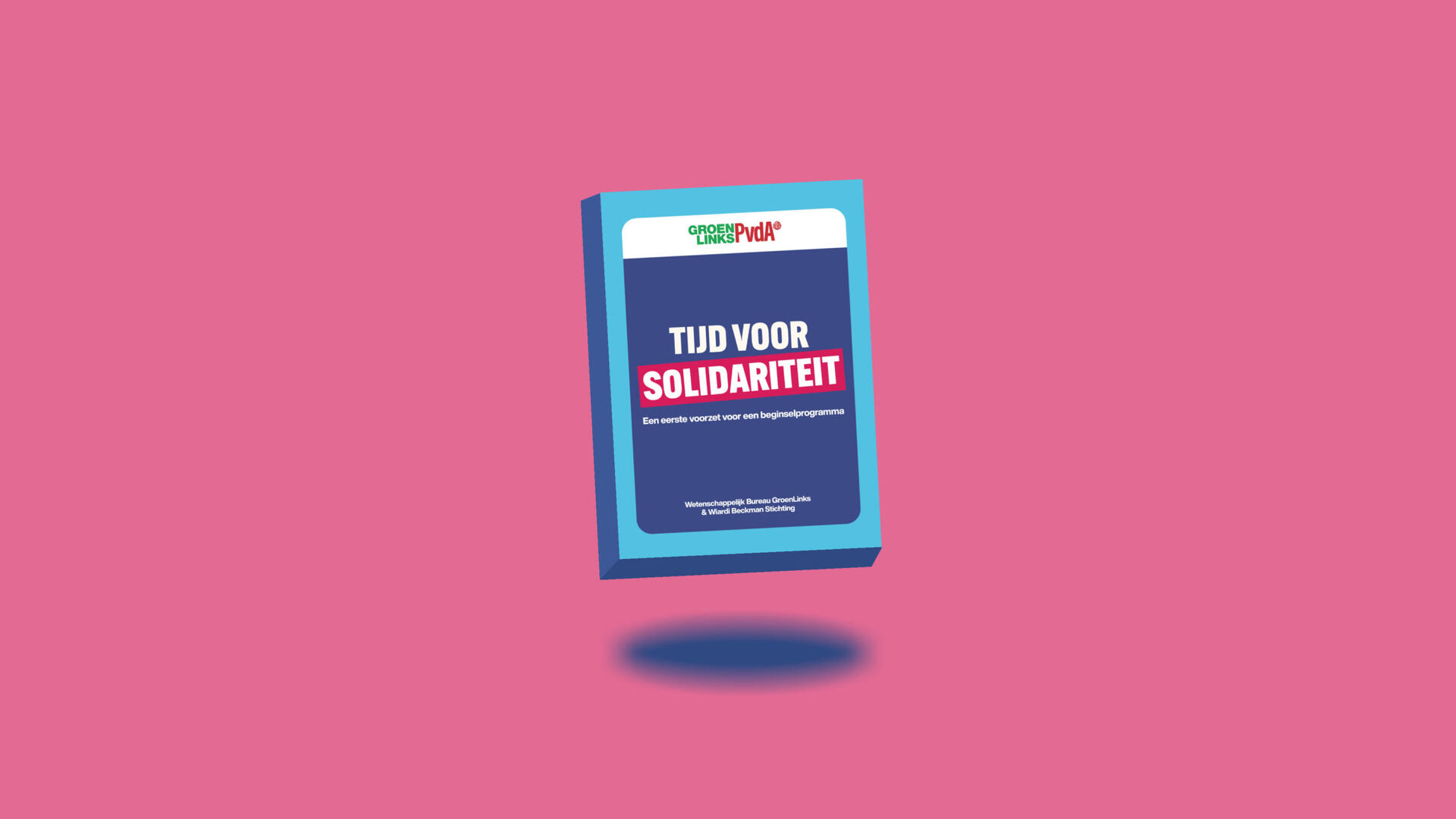 Een grafische afbeelding van een boek met de titel 'Tijd voor solidariteit' tegen een roze achtergrond