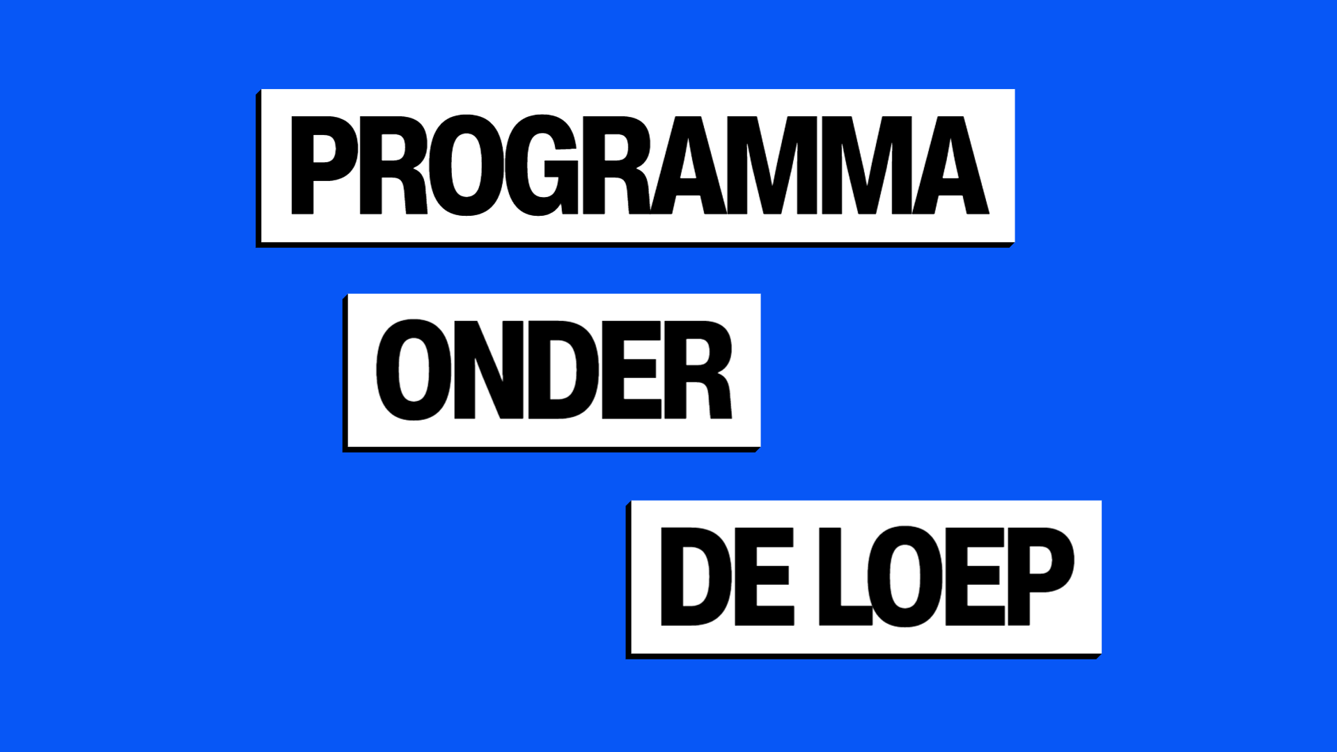 Zwarte letters in witte balkjes tegen een blauwe achtergrond: Programma onder de loep