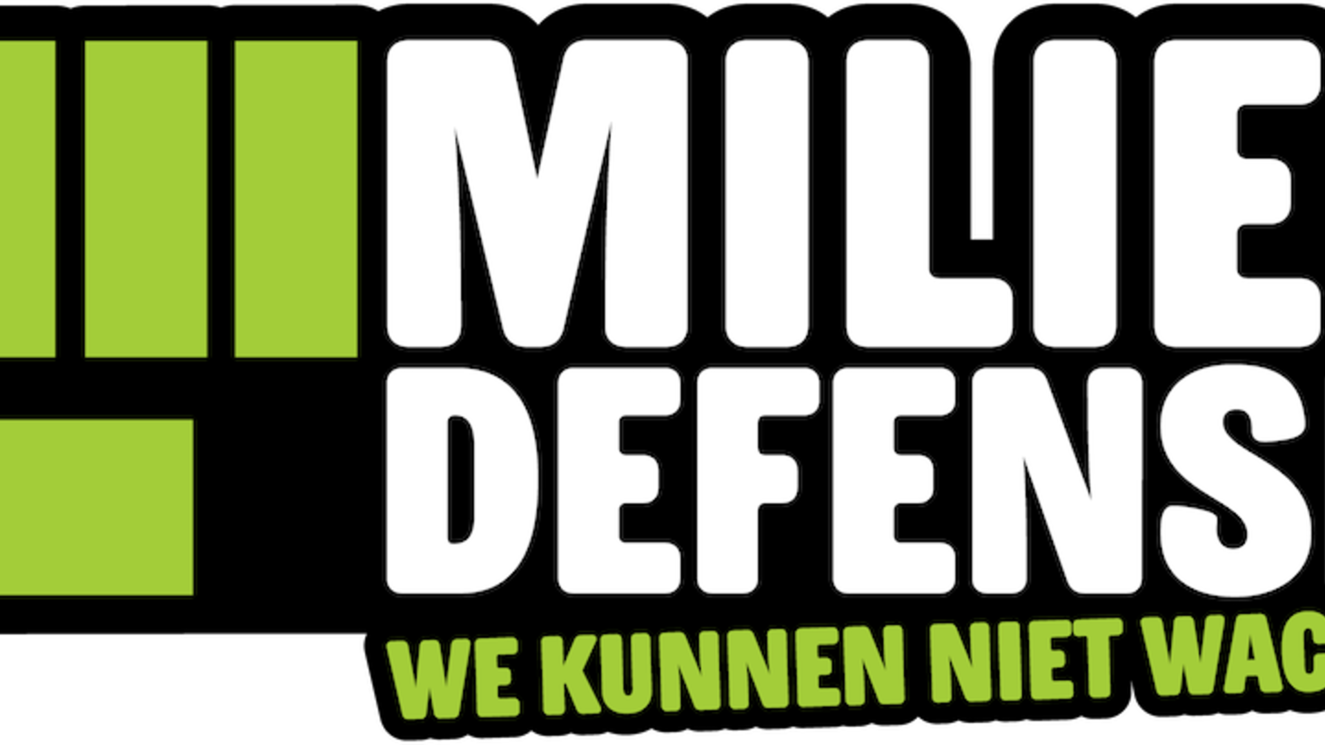 Het logo van Milieudefensie, met de slogan: we kunnen niet wachten!