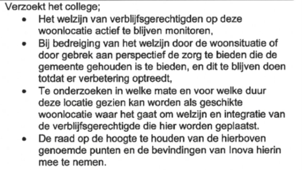 Afbeelding van de conclusies uit de motie van Marieke Kooter over de flexwoningen in Limmen